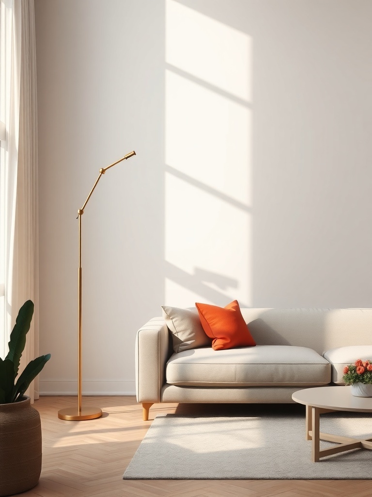 A stylish floor lamp next to a modern sofa in a bright living room.