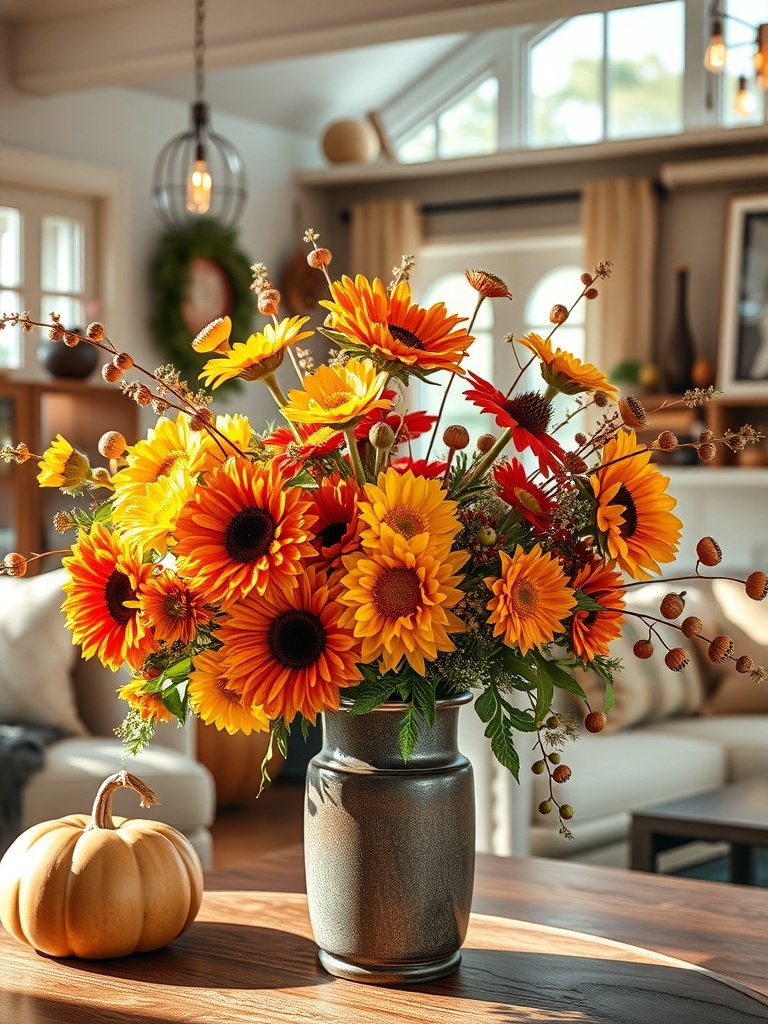 A vibrant floral arrangement featuring sunflowers and autumn blooms in a vase, set on a wooden table with a small pumpkin nearby.