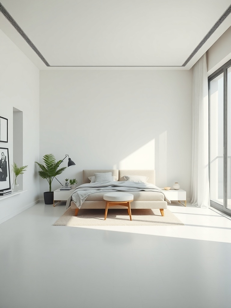 A minimalist bedroom featuring a soft bed, round table, and a potted plant, with large windows allowing natural light.