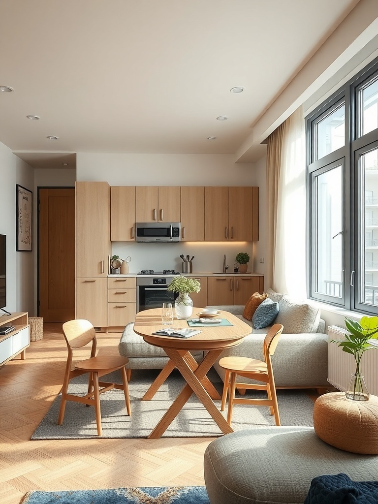 A cozy living room featuring foldable and expandable furniture, showcasing a round table and comfortable seating.