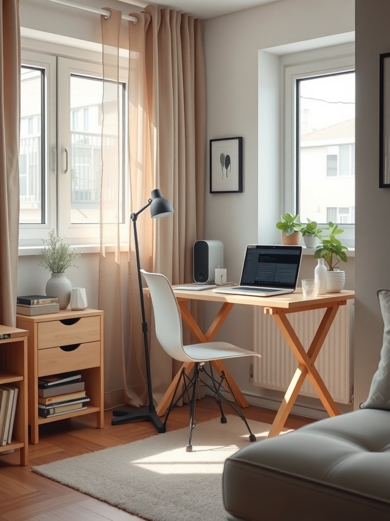 A compact home office featuring a foldable desk, chair, and natural light from windows.