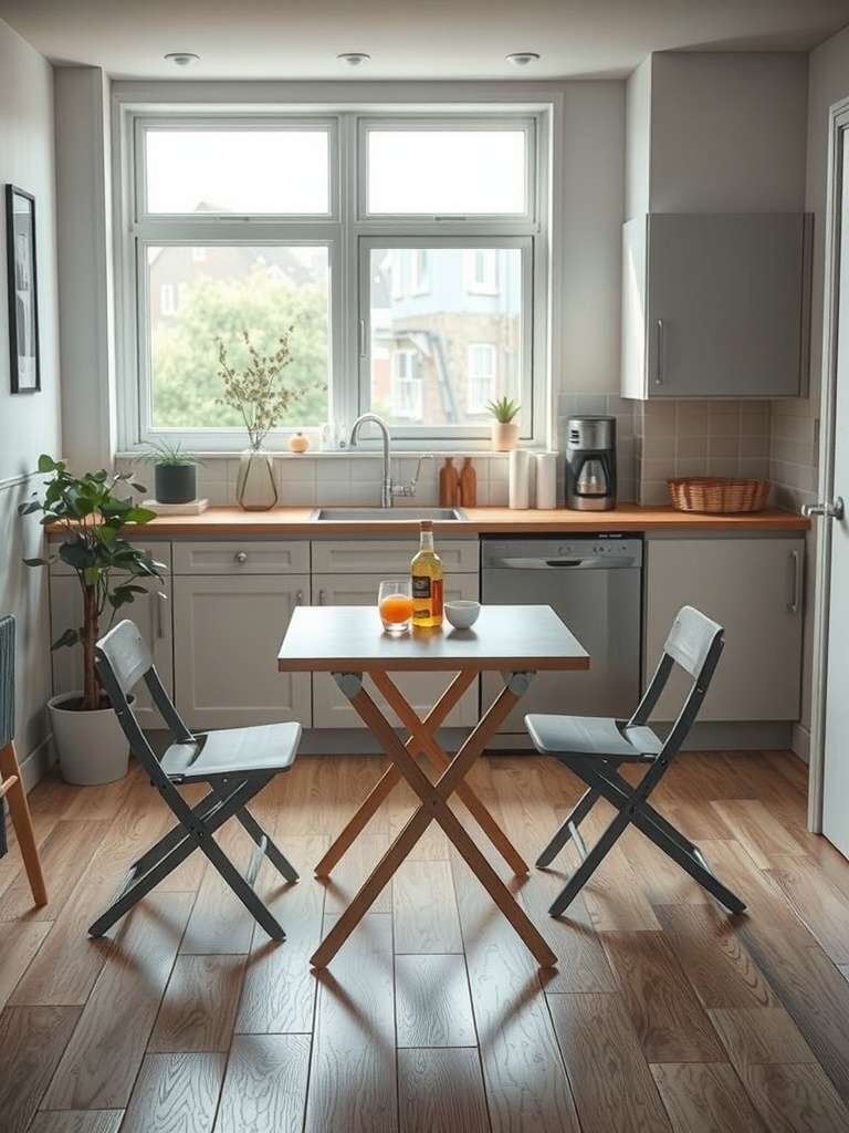 A small kitchen with a foldable table and chairs, showcasing a practical storage solution.