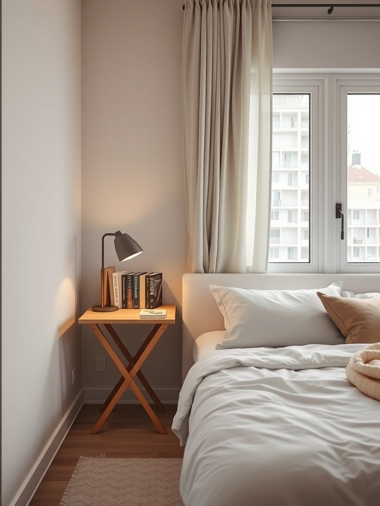 A cozy bedroom with a folding bedside table next to a bed.