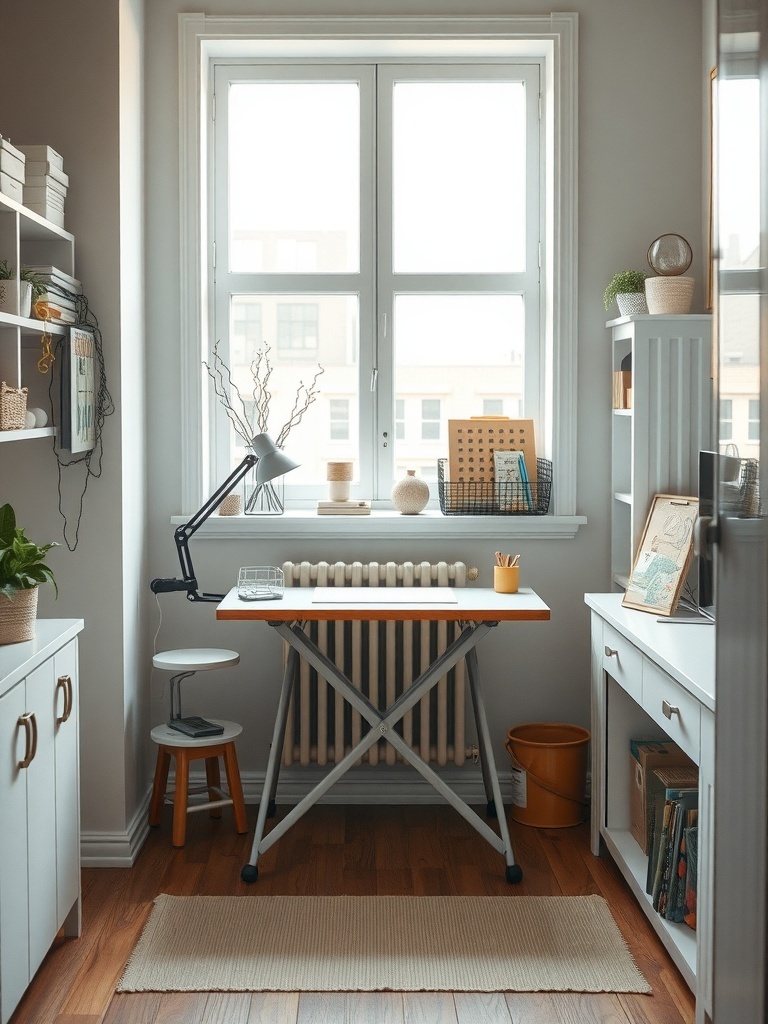 A cozy small apartment workspace featuring a folding craft table by a window.