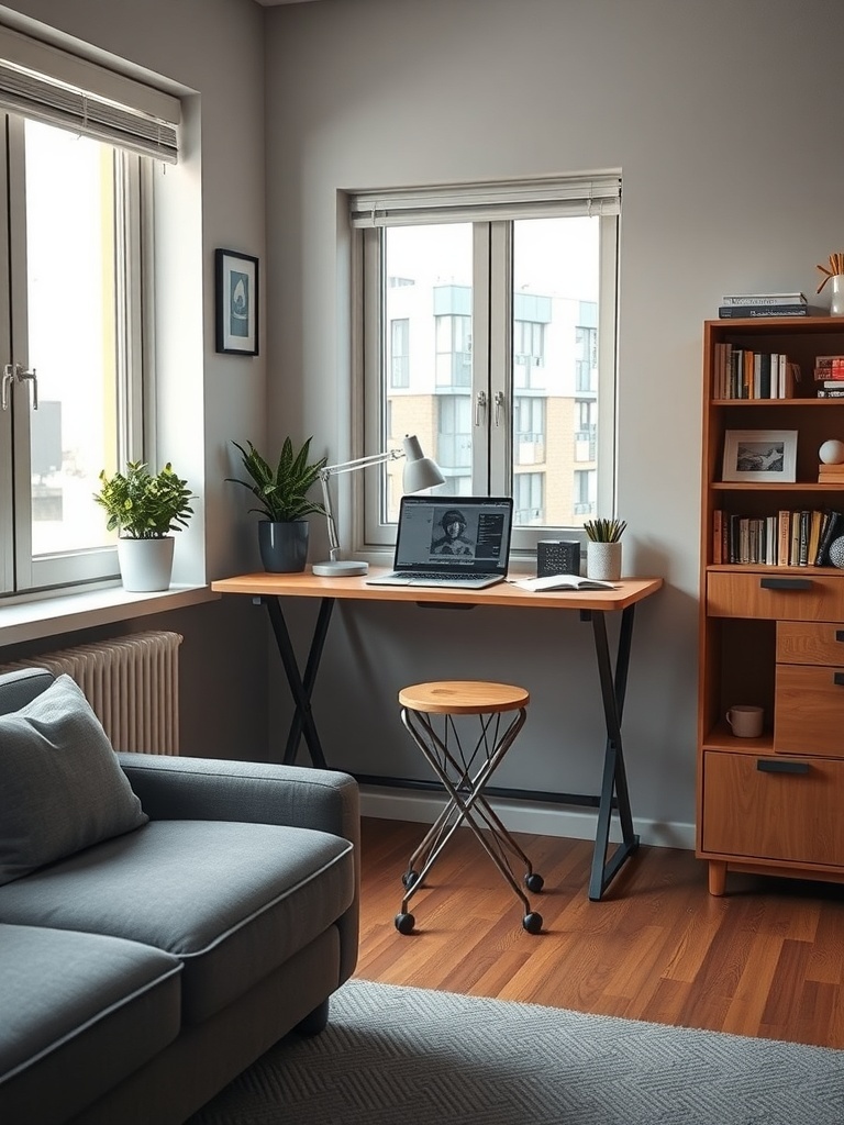 A cozy home office setup featuring a folding desk, laptop, and plants.