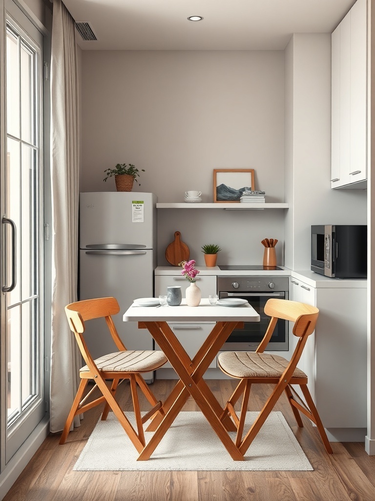 A compact folding dining table set for two in a small kitchen.