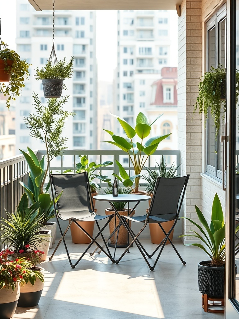 Two folding patio chairs on a balcony surrounded by plants and a small table.