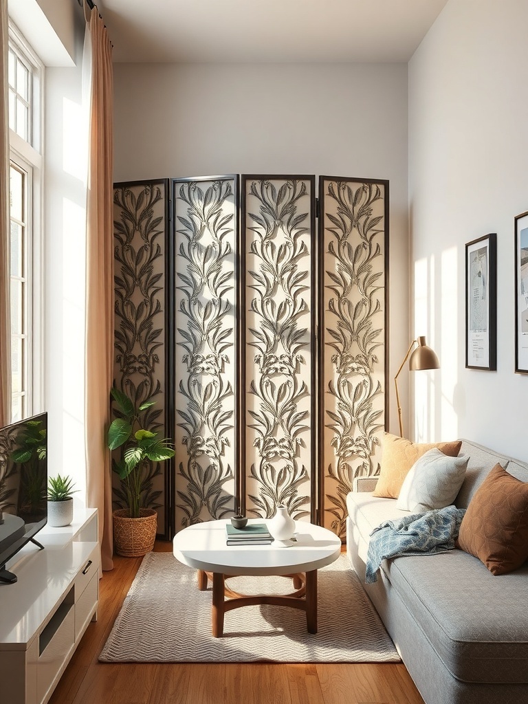 A folding screen with floral design dividing a cozy living room area.