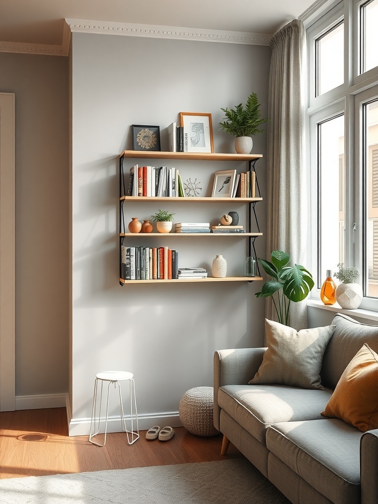 A stylish folding wall shelf with books and decorative items, set against a light wall in a cozy living room.