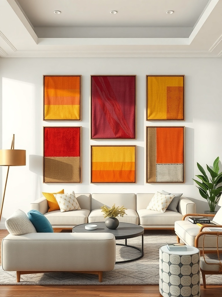 A living room featuring framed fabric panels in warm colors on the wall, with a cozy sofa and coffee table.