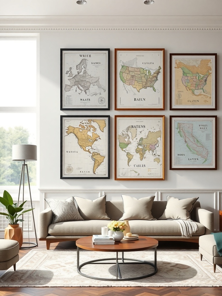 Living room featuring framed vintage maps on the wall, with a cozy sofa and coffee table.