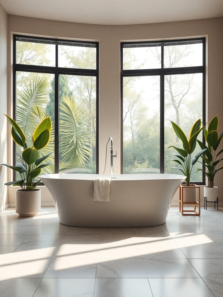 A modern freestanding bathtub in a bright bathroom with large windows and plants.