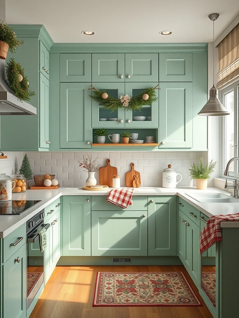 A modern kitchen featuring mint green cabinets, white countertops, and wooden accents.