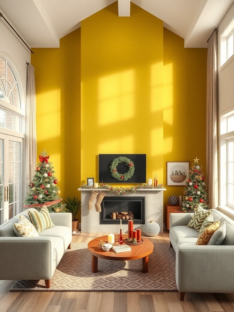 Living room with a bright yellow accent wall and festive decorations.