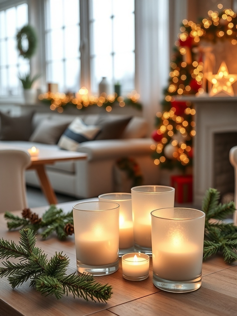 Frosted glass votive holders with candles on a holiday table, surrounded by greenery.