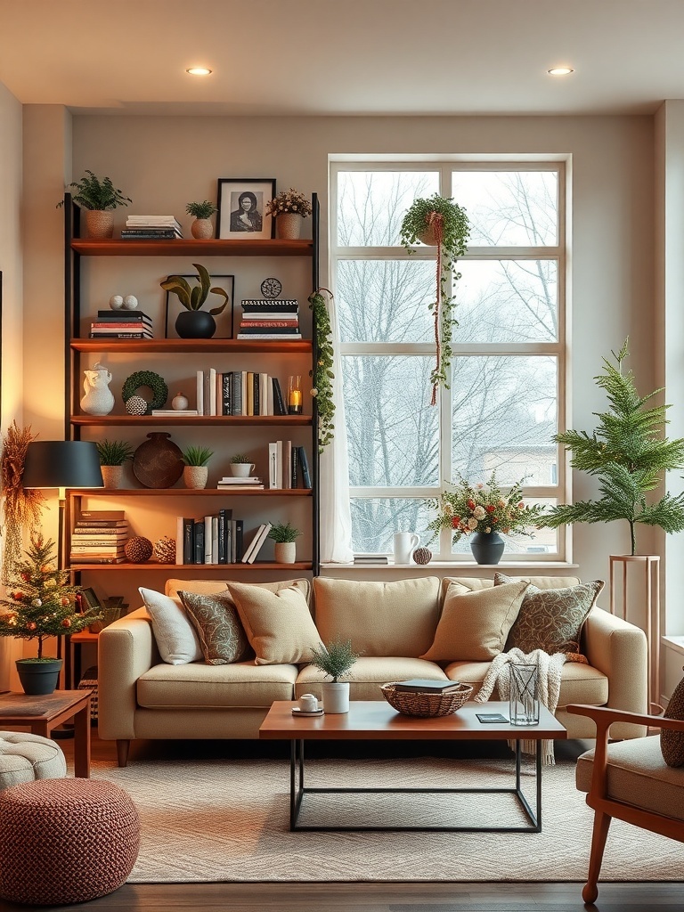 A cozy living room featuring functional and aesthetic shelving with plants and books.