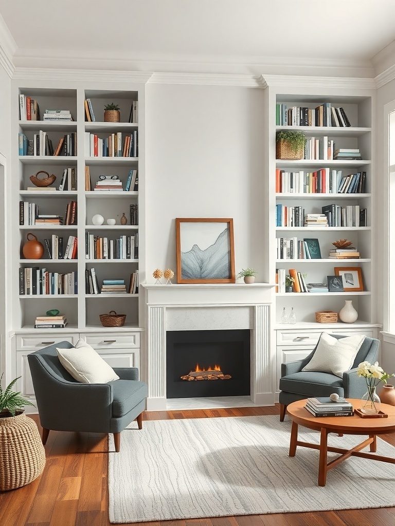 A cozy farmhouse living room featuring built-in shelves filled with books and decorative items.