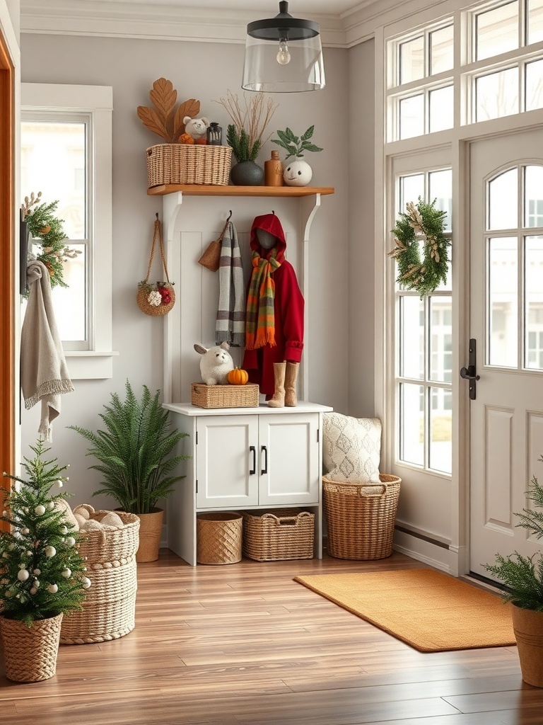 Cozy winter entryway with storage baskets, a small tree, and seasonal decor.