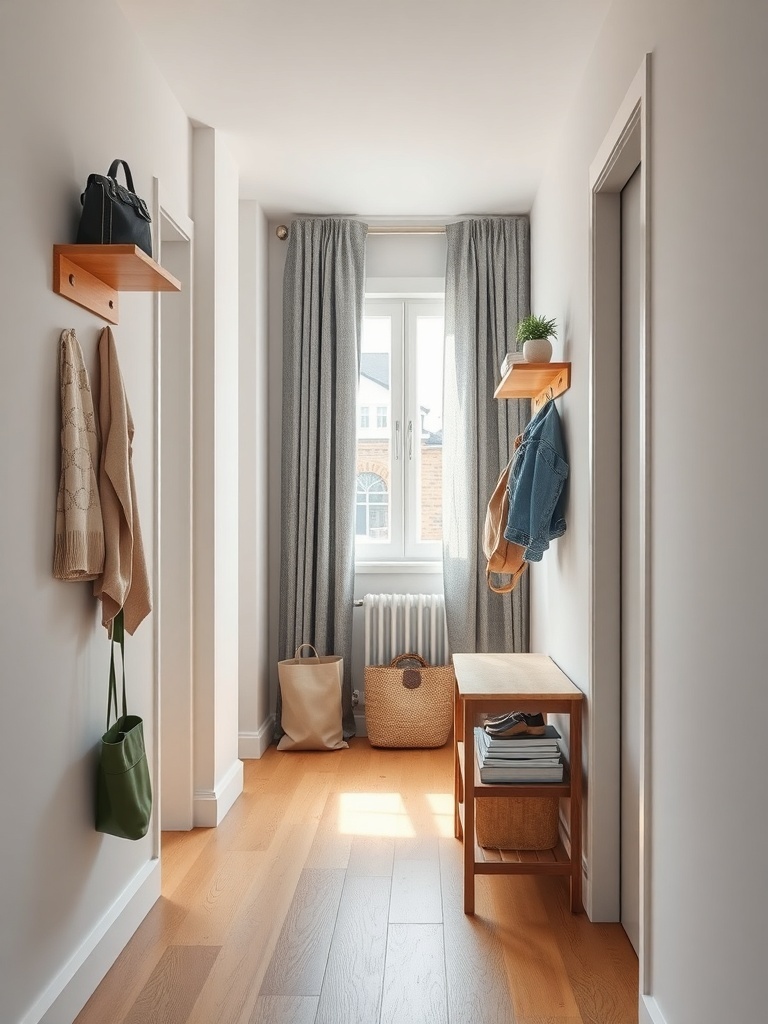 A narrow entryway with wooden flooring, shelves, and a small bench.
