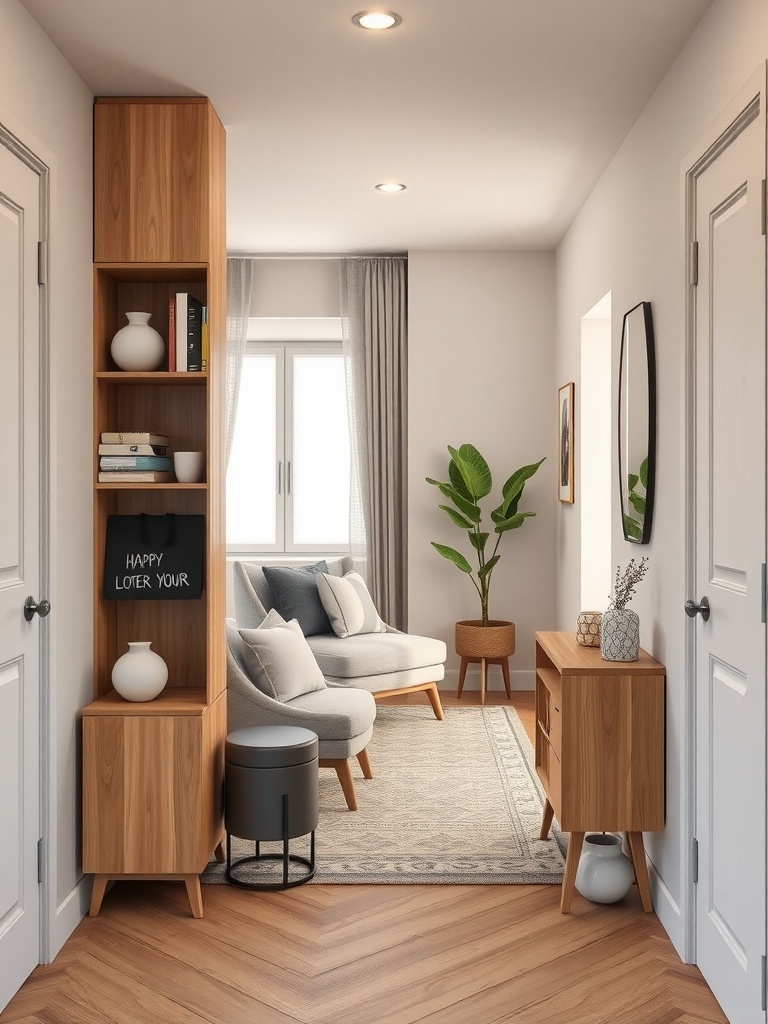A stylish entryway with wooden furniture, a cozy chair, and a plant.