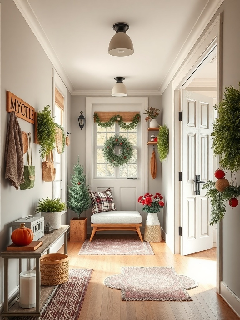 A stylish entryway with a bench, hooks, plants, and seasonal decor.