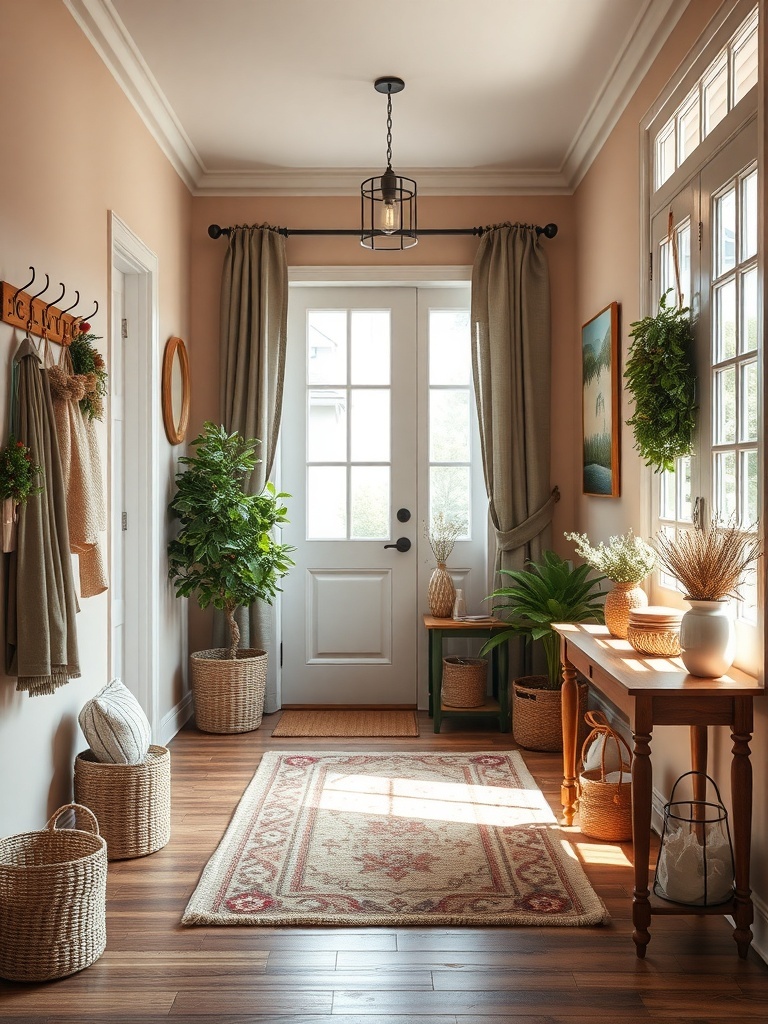 A well-organized entryway with hooks, baskets, and a small table.