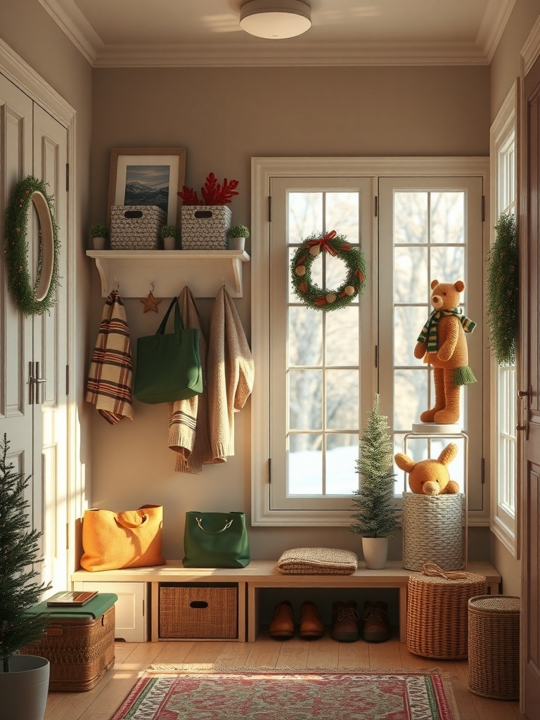 A cozy entryway with shelves, baskets, and hooks for organization.