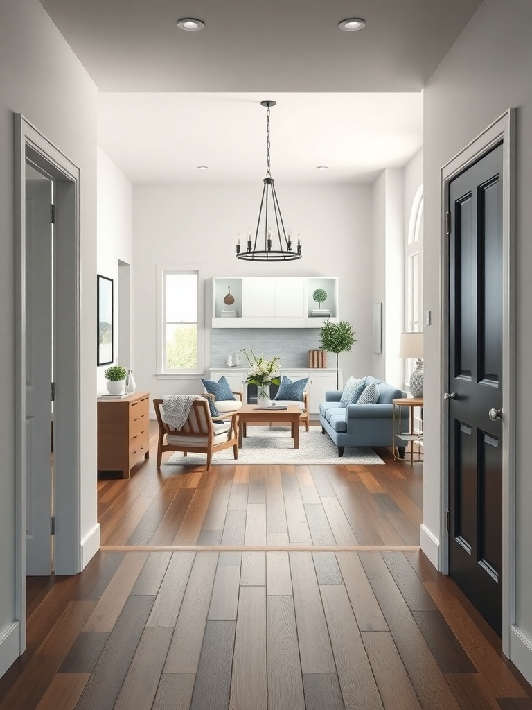 A bright and inviting entryway leading to a cozy farmhouse living room.