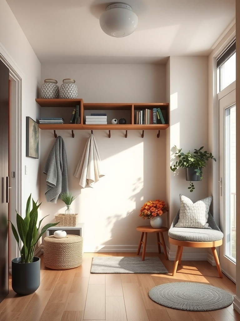 A bright entryway featuring shelves, hooks, a chair, and plants for storage and comfort.