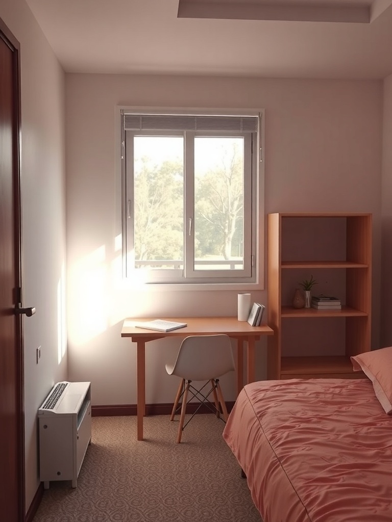 A small bedroom featuring a foldable desk and chair with a cozy bed and natural light from a window.