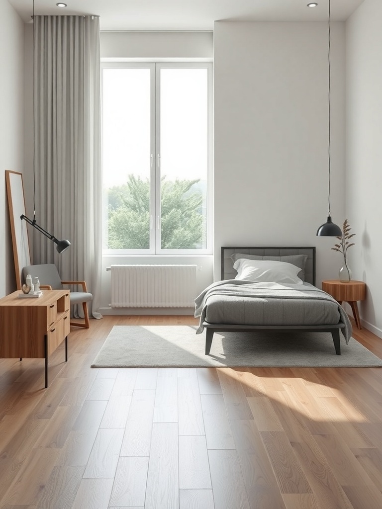 A minimalist bedroom featuring a bed, wooden bedside tables, a lamp, and large windows with natural light.