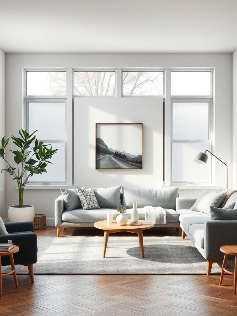 A Scandinavian living room featuring functional furniture with a cozy sofa, coffee table, and large windows.