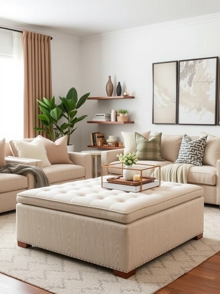 A cozy living room featuring a multi-purpose ottoman, soft seating, and decorative elements.
