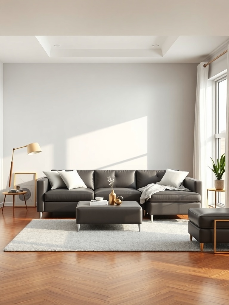 A minimalist living room featuring a modern sofa, coffee table, and floor lamp, with wooden flooring and a soft rug.