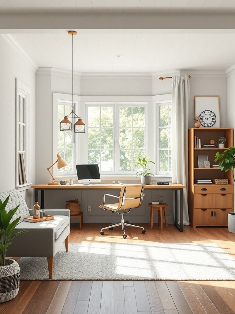 A bright and functional home office nook with a desk, chair, and plants.
