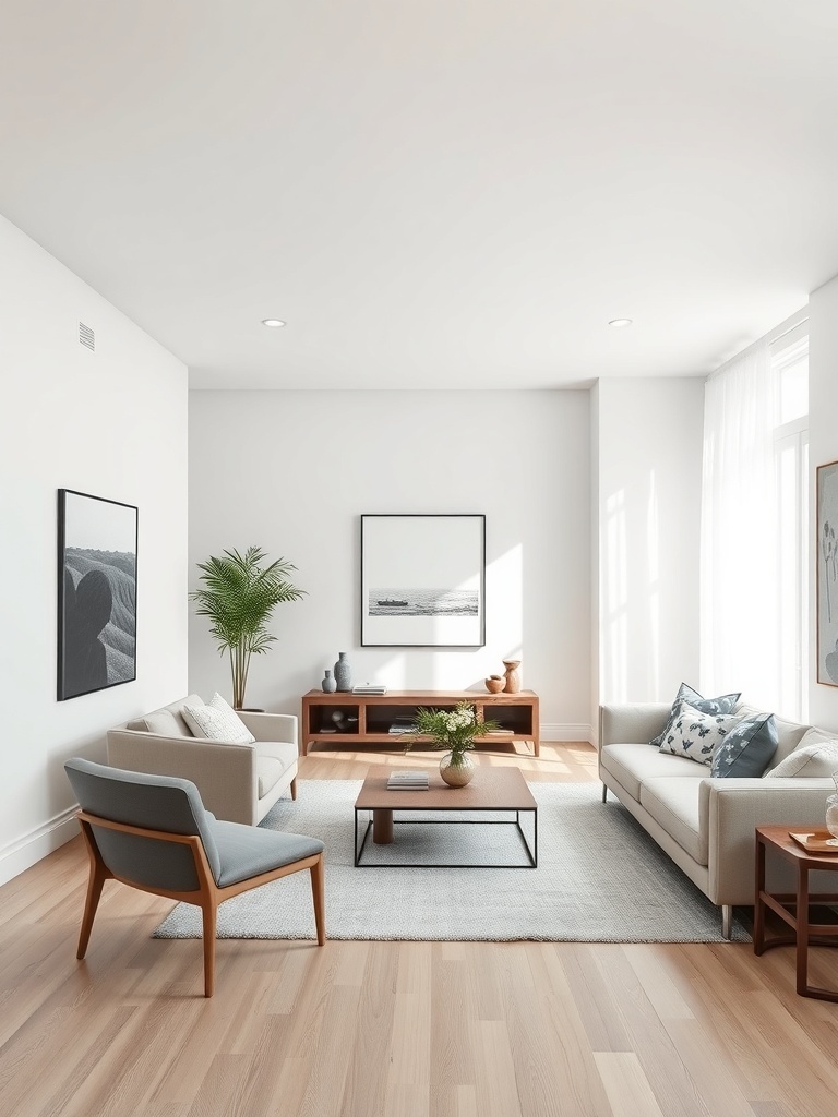 A minimalist living room with light colors, two sofas facing each other, a coffee table, and decorative art on the walls.