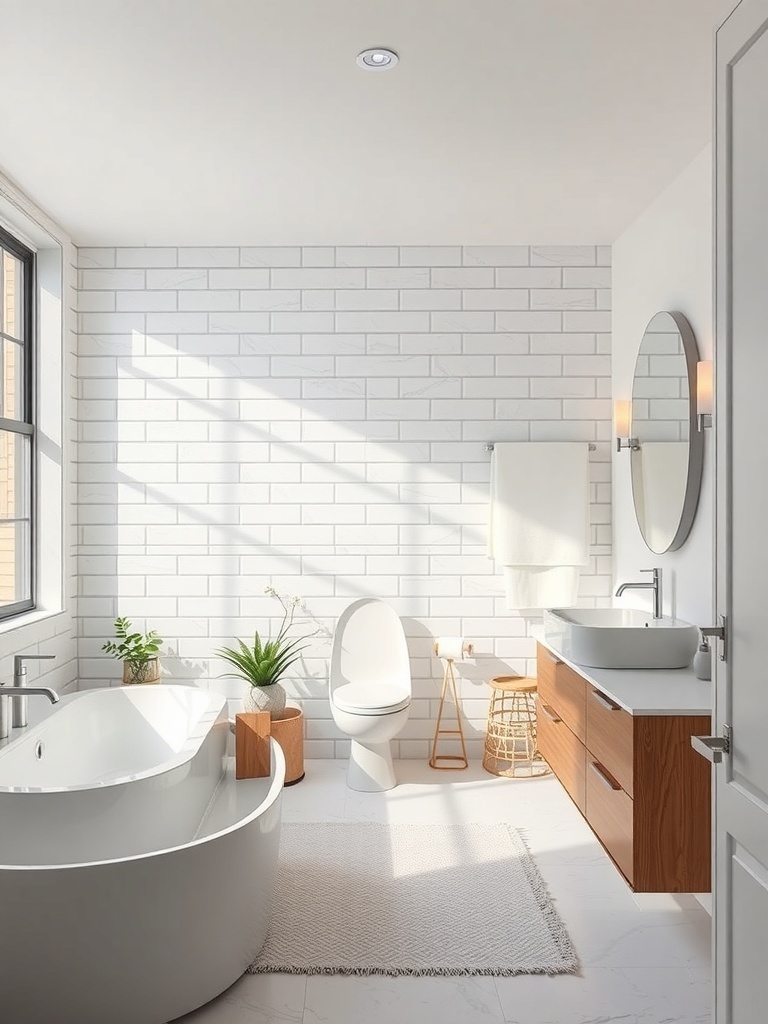 A modern bathroom featuring a sleek bathtub, wooden vanity, and natural light.