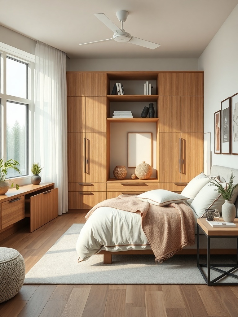 Cozy bedroom with wooden storage solutions and a modern aesthetic