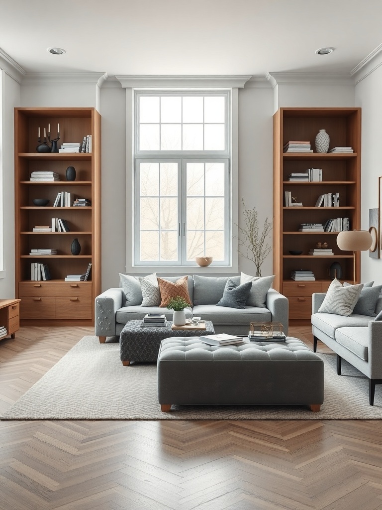 A Scandinavian living room featuring functional storage solutions with open shelves and stylish cabinets.