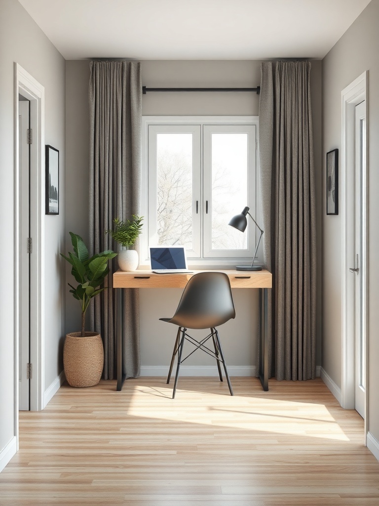 A small, stylish wall-mounted desk in an apartment entryway with a chair, laptop, and plant.