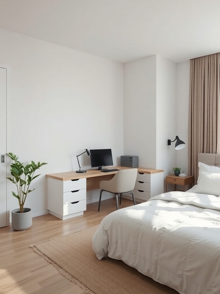 Minimalist bedroom with a functional workspace corner featuring a desk, chair, and potted plant.
