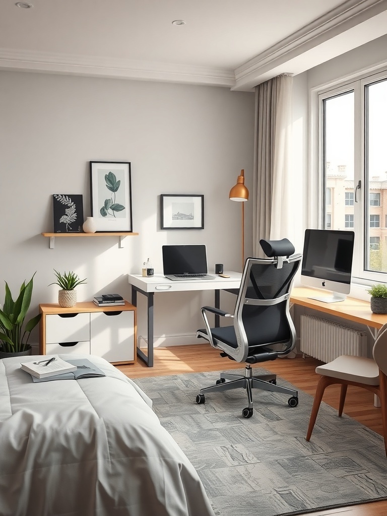 A modern bedroom workspace featuring a desk, chair, and decor.