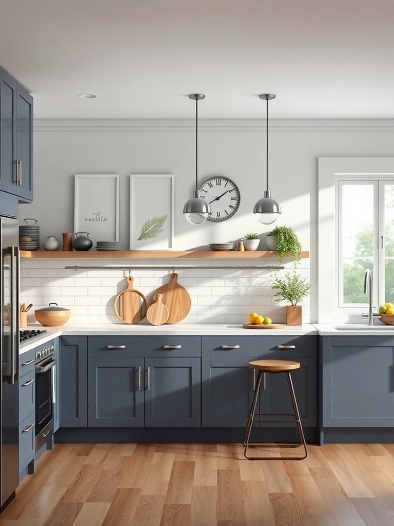 A modern kitchen featuring dark blue cabinetry, light countertops, open shelving, and stylish lighting.