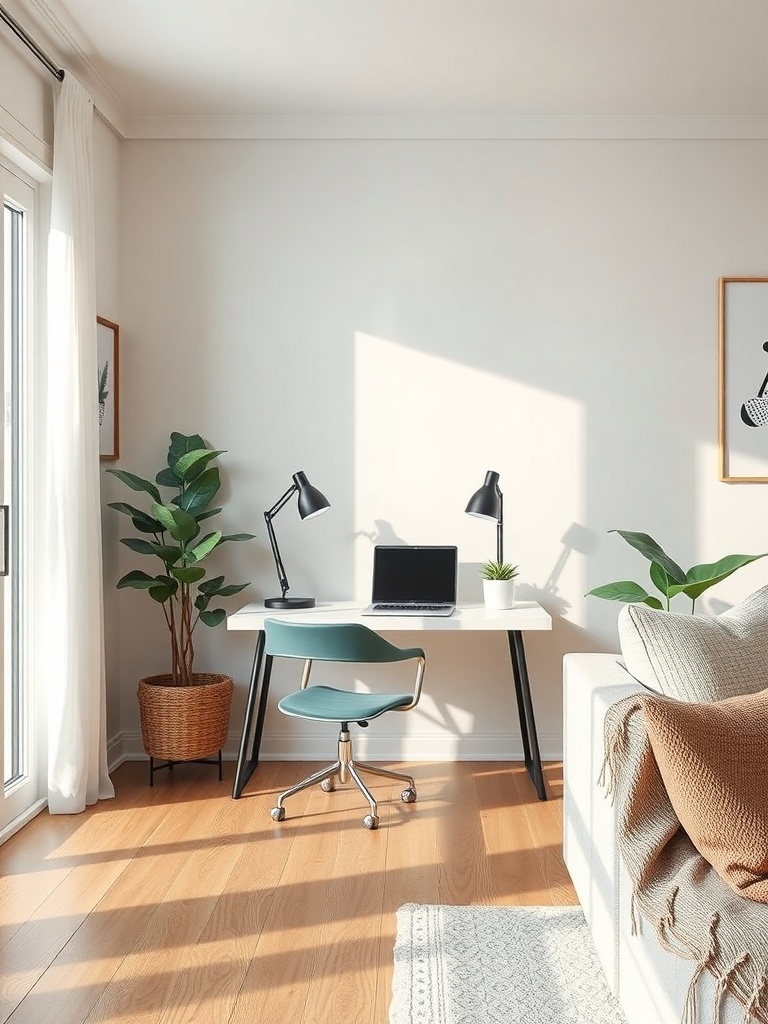 A bright and cozy workspace featuring a desk, chair, and plants in a Scandinavian living room.