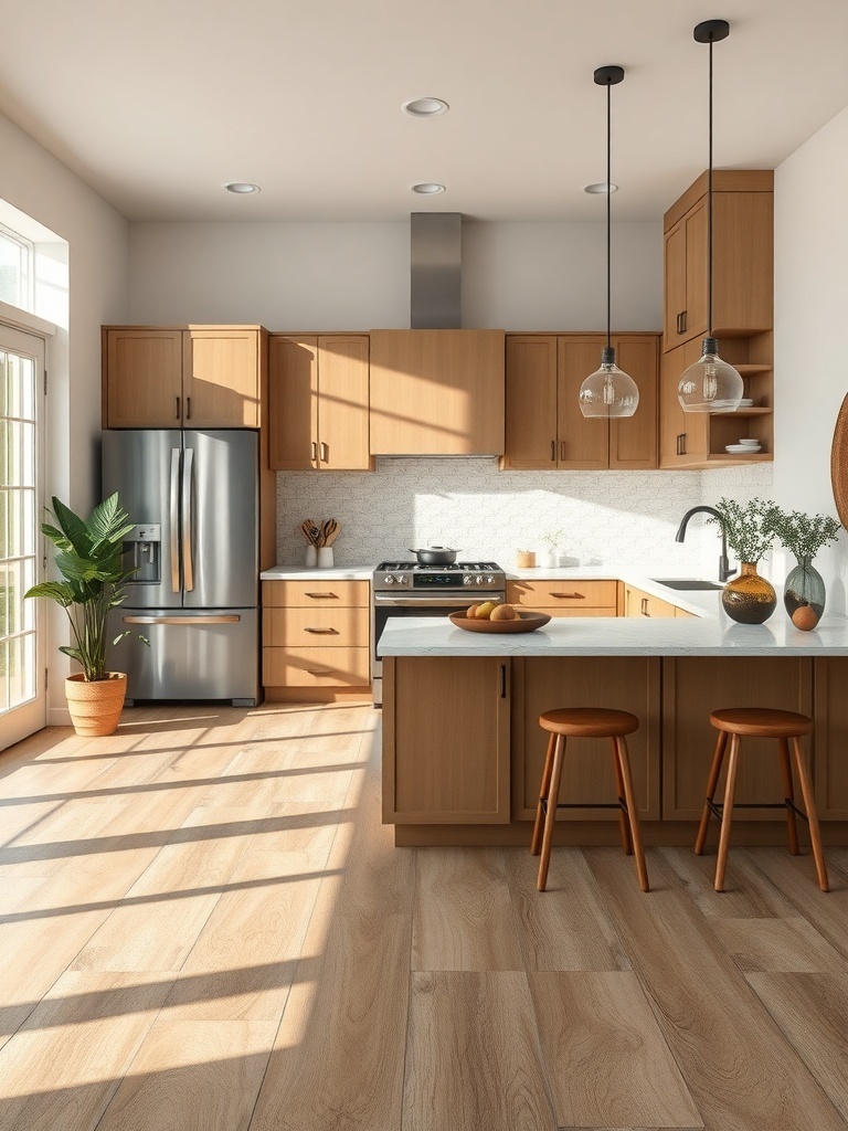 A modern kitchen featuring light wood flooring, wooden cabinets, and a stylish island with bar stools.