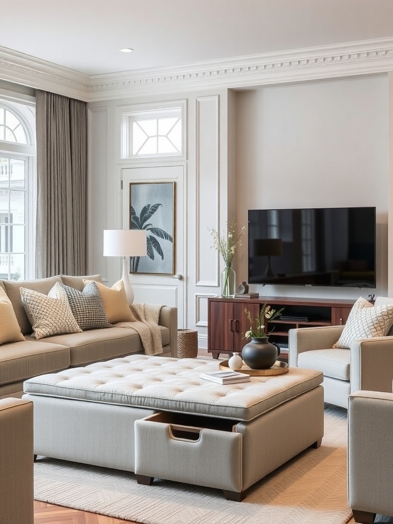 A cozy living room with a pink sofa, yellow chair, and a stylish coffee table.