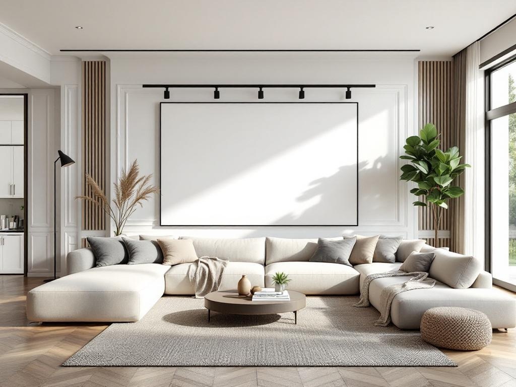 Modern living room with a large sectional sofa, coffee table, and a blank wall for entertainment