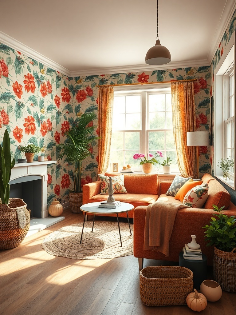 A bright living room with floral wallpaper, an orange couch, and colorful decor.