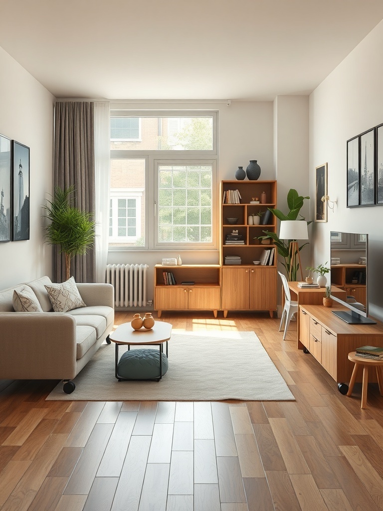 A cozy studio apartment featuring a sofa, coffee table, and wooden furniture, all designed for flexibility.