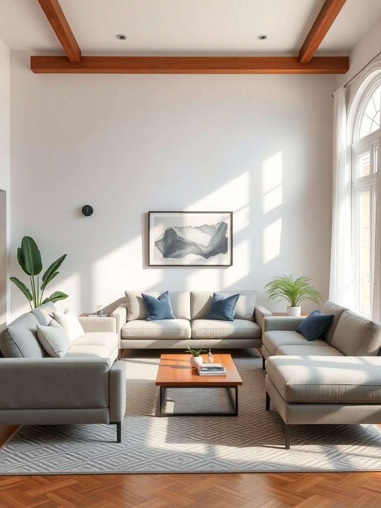 A bright living room with light-colored sofas arranged for conversation, a wooden coffee table, and a plant in the corner.